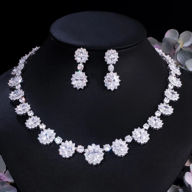 CWWZircons Luxury Brand Gorgeous Full CZ Stones Around Dark Blue Crystal Flower Sets for Women T159